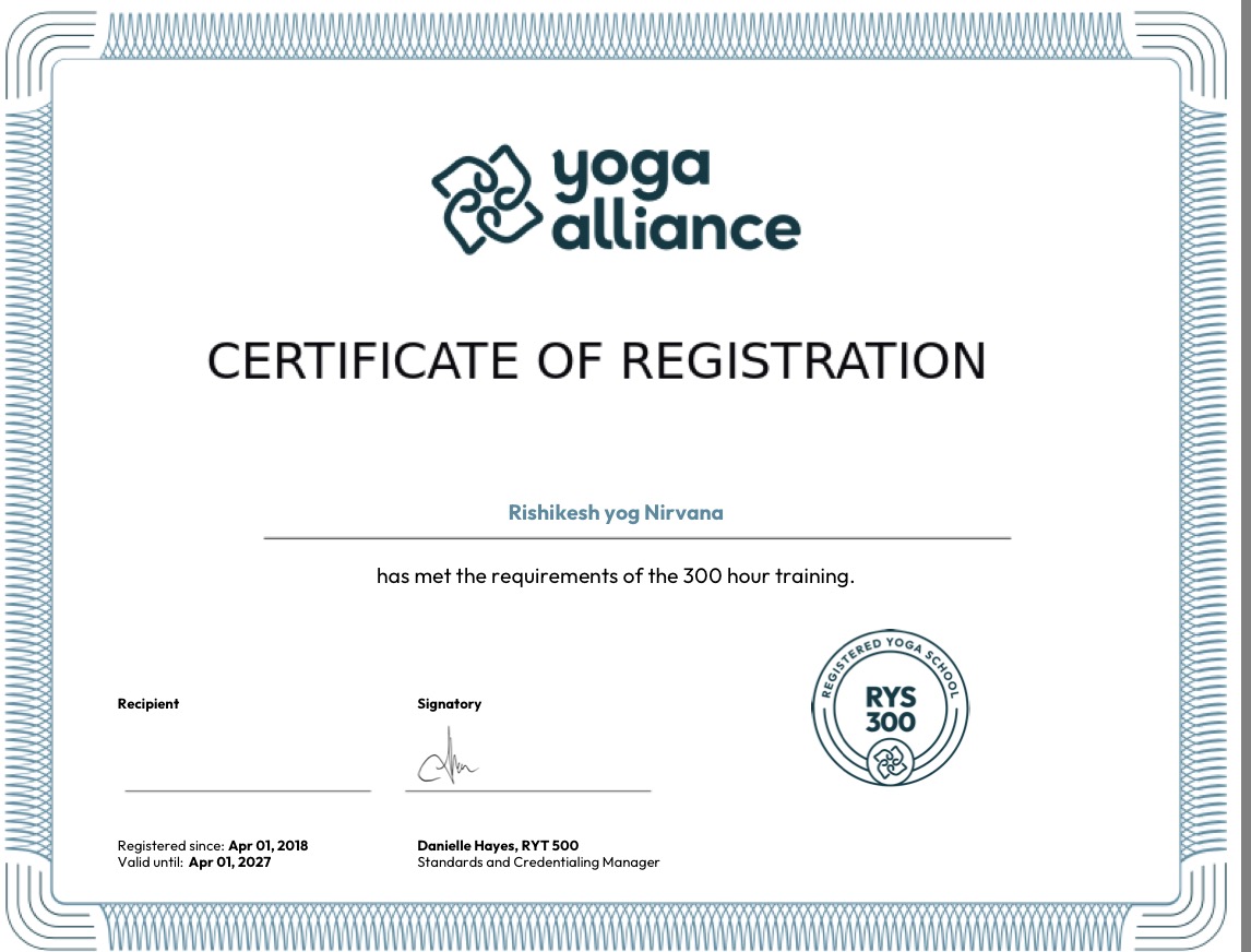 300-Hour Yoga Teacher Training certificate, Yoga Alliance USA
