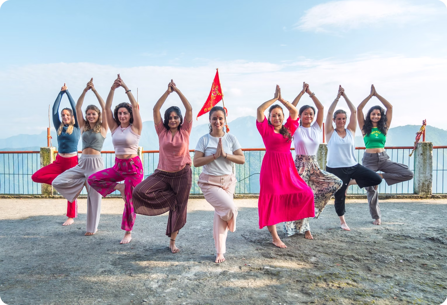 Students practising during 500-hour yoga teacher training at Rishikesh Yog Nirvana in Tapovan