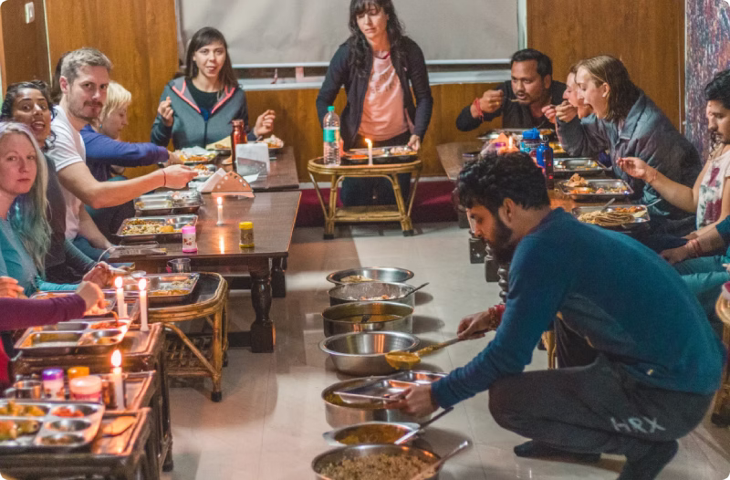 Sattvic vegetarian dining area and yogic meals during the 200 hour YTT at Rishikesh Yog Nirvana