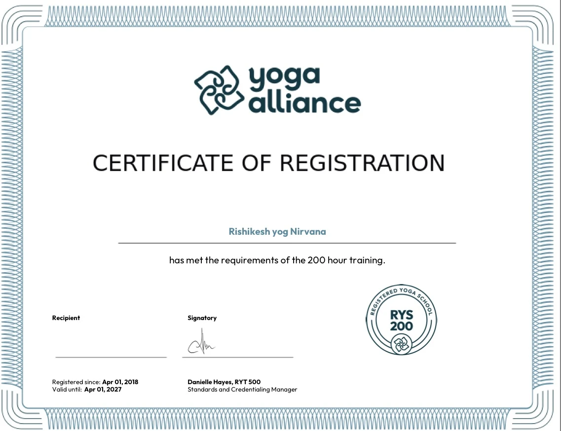 Yoga Alliance RYS 200 school certificate for Rishikesh Yog Nirvana, Rishikesh